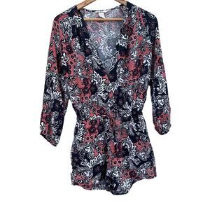 H&M Black White Coral Long Sleeved V Neck Romper Women's Size 4